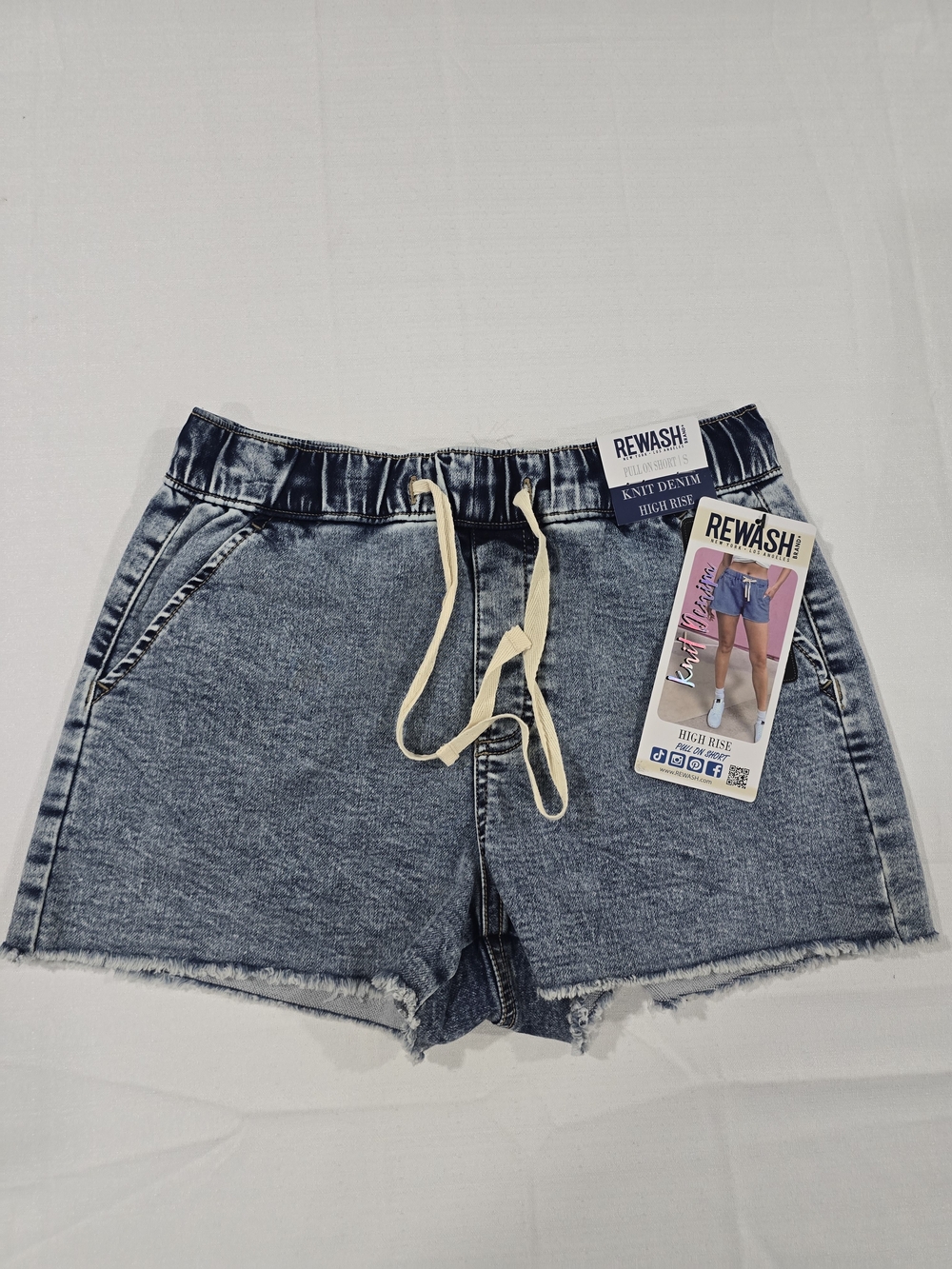REWASH Brand Blue Knit Denim High-Rise Drawstring Women’s Shorts Size Small